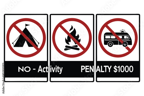 Prohibition Sign Indicating No Camping, No Campfires, and No RV Parking with a Penalty of $1000.