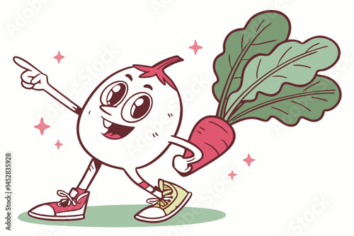 Playful Cartoon Radish Character with Expression, Running, Wearing Sneakers, Pointing, Sparkles, Isolated on White Background