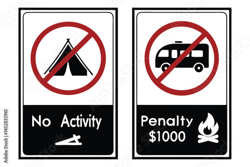Forbidden Activity Warning Signs: No Camping and No Campfires, with Penalties Enforced, vector illustration.