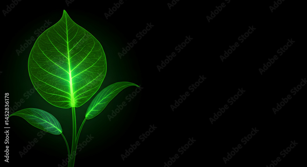 Fototapeta premium Luminous Green Leaf Against Black Background in Minimalist Design