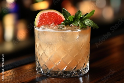 A refreshing drink with fruit and green garnish on ice