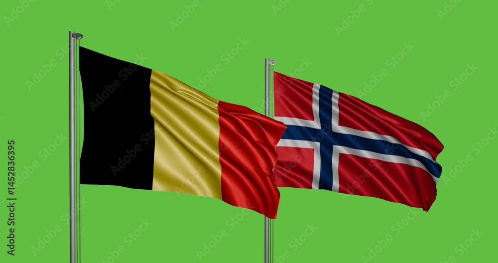 Belgium and Norway 3D flags, Air turns fabric into history, chroma key background