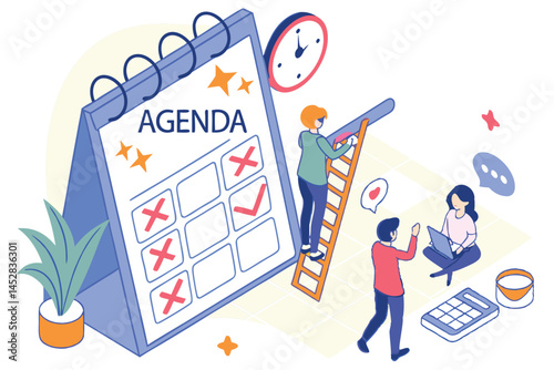Teamwork and Time Management: Business Agenda with Checkmarks, a Meeting, and Deadline Planning in Modern Isometric Illustration.