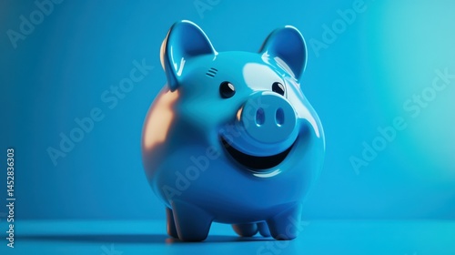 Blue piggy bank with a playful smile, on a vibrant blue background