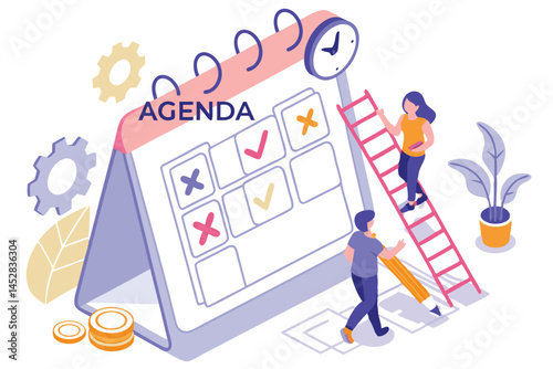 Business Calendar Schedule Meeting Agenda Planning with Teamwork and Deadlines Management Concept Isometric Illustration.