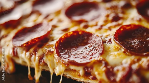 Delicious close up view of pepperoni pizza with melted cheese and crispy crust