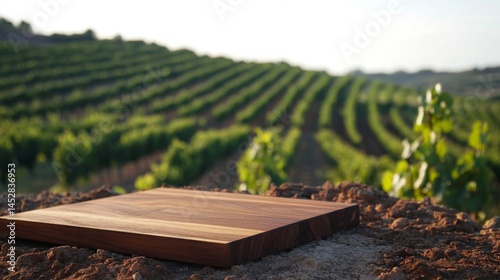 Red wine served on wooden planks, vineyard on background, copyspace for text