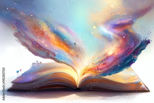 An open book releasing a colorful burst of imagination and knowledge. The pages are filled with words that bring fantasy to life, showcasing the power of literature