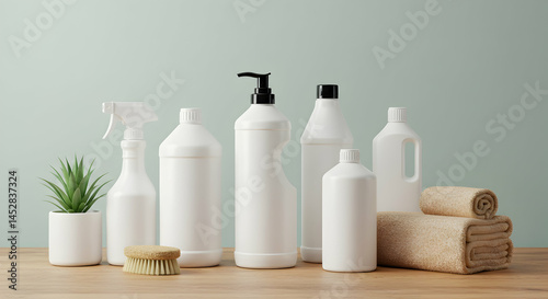 White Cleaning Supplies and Towels on Wooden Table Against Wall