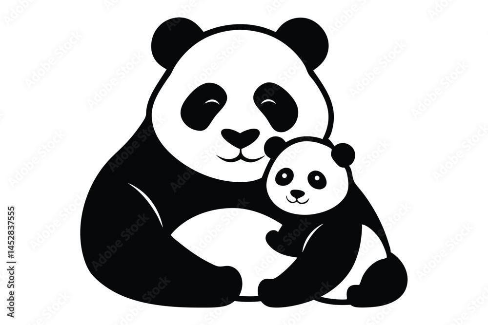 Naklejka premium Mother and Baby Panda Silhouette Vector – Cuddling Pose for Logo, Print, and Design Use