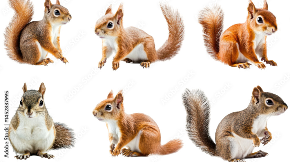 Fototapeta premium Playful Set of Squirrels Isolated on Clean White Background for Wildlife and Nature Display
