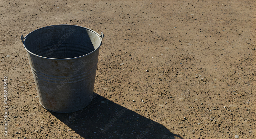 Metal Bucket on Dry Ground with Natural Shadow and Sunlight Metal Bucket on Dry Ground with Natural Shadow and Sunlight