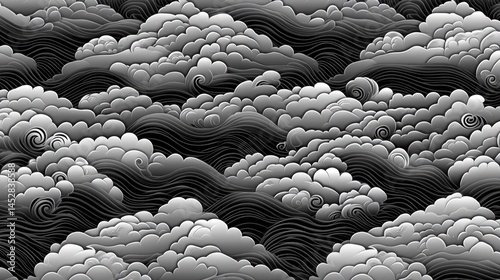 Monochrome Cloud Waves Seamless Pattern Design.