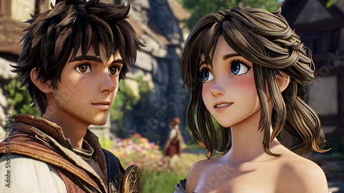 A young man and woman standing close in a vibrant fantasy town, suggesting a romantic connection.