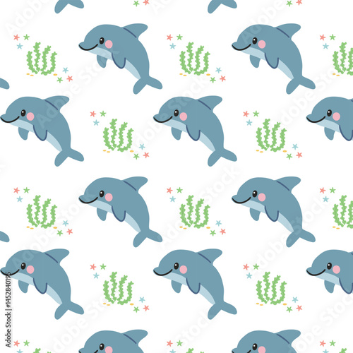 Seamless pattern with smiling blue dolphins, green seaweed and little starfish in cute cartoon style. Childrens marine background for fabric, packaging, wallpaper and baby decor.