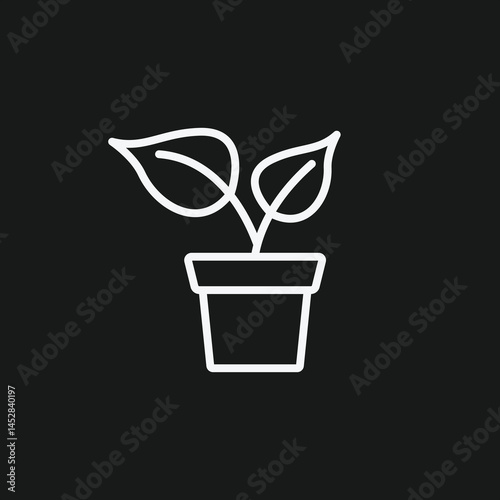 White Outline Icon Plant in a Pot on Black Background, Representing Growth, Gardening, and Indoor Plants