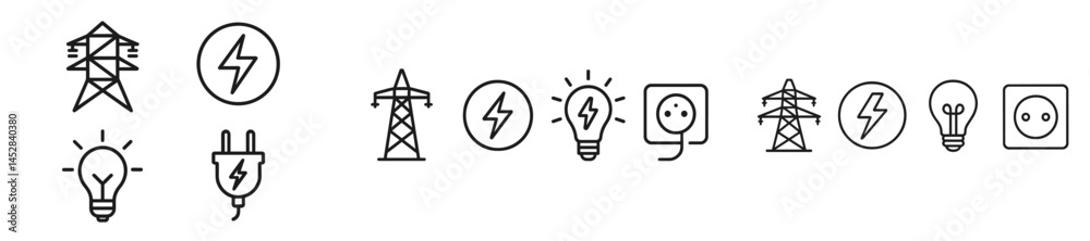 Various icons representing electricity and energy concepts displayed in a clean design on a light background Various icons representing electricity and energy concepts displayed in a clean design on a light background