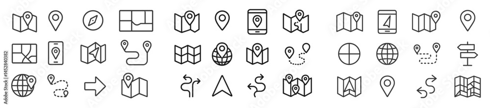 Collection of map and navigation icons for digital applications and design projects used in travel planning and orientation Collection of map and navigation icons for digital applications and design projects used in travel planning and orientation