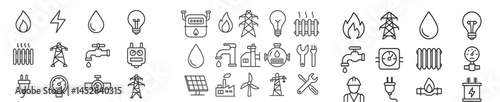 Icons representing various energy sources and utilities in a simple line design for educational or informational purposes