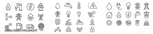 Collection of digital icons representing various utilities and energy sources for sustainable living and infrastructure