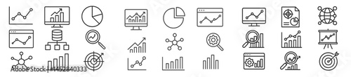 Data visualization and analytics icons represent trends and metrics in business performance and strategy online