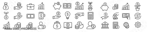 Finance and investment icons collection showcasing various monetary symbols and concepts for business strategies