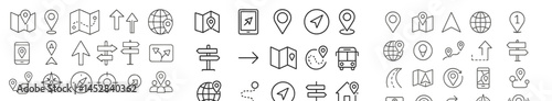Collection of navigation and mapping icons illustrating various travel-related concepts