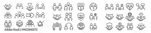 Collection of hand-drawn icons representing partnership, teamwork, and collaboration concepts in a minimalist style