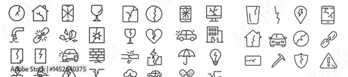 Collection of broken and damaged icons representing various scenarios in everyday life