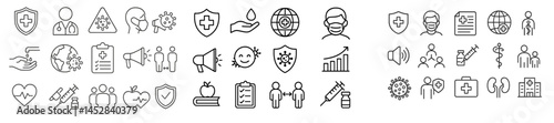 Health and safety icons representing various aspects of medical care and public health awareness initiatives in a graphic format