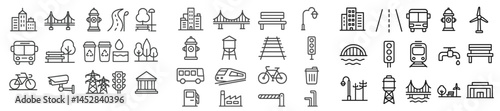Urban elements and transportation symbols representing city life and infrastructure in a simplified linear design