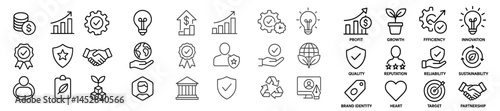 Icons representing business concepts such as growth, innovation, and partnership in a minimalistic style