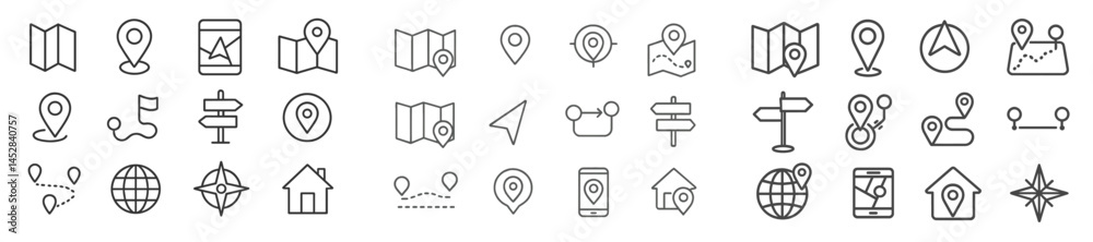 Collection of various map and location icons designed for navigation and orientation purposes in digital applications Collection of various map and location icons designed for navigation and orientation purposes in digital applications