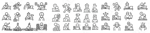 Collection of simple line art icons depicting various emotions and activities related to work and productivity in an office setting
