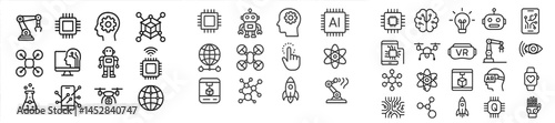 Icons representing technology and innovation with a focus on robotics, artificial intelligence, and modern gadgets