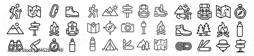 Outdoor adventure icons featuring hiking, camping, and navigation symbols in a minimalist style