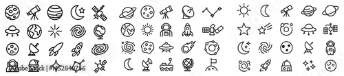 Collection of space-themed icons showcasing various celestial objects and exploration activities designed for educational purposes