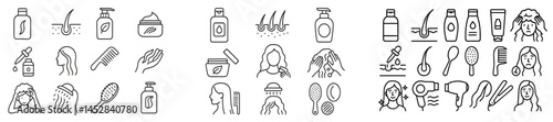 Hair care routine with various products and tools displayed in a minimalist line art style for easy reference