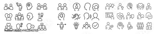 Collection of minimalist line icons representing social interactions, thoughts, and teamwork concepts suitable for various design projects