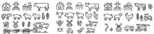 Farming icons collection depicting various agricultural activities and livestock in a minimalistic design