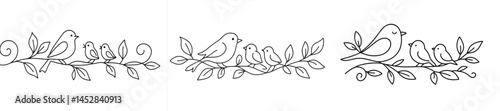 Birds sitting on branches with leaves during springtime, showcasing nature's beauty and tranquility