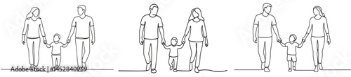 Family enjoying a stroll together in a park during a sunny day with a child holding hands