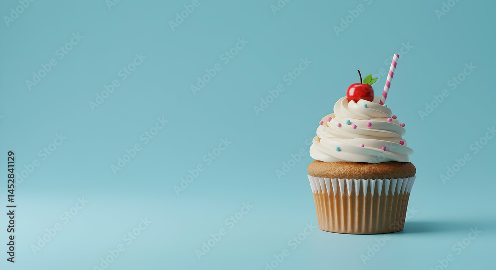Whimsical Cupcake with Cherry and Straw on Light Blue Background