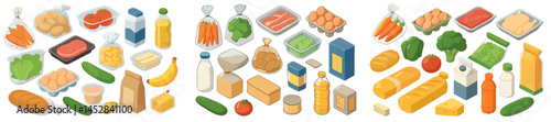 Grocery assortment showcasing fresh produce, meats, and packaged goods in a bright kitchen setting