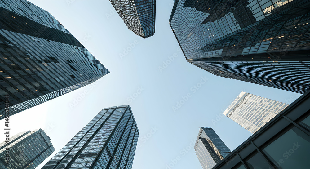 Skyscrapers Reaching Skyward Amidst Clear Blue Sky from Below View
