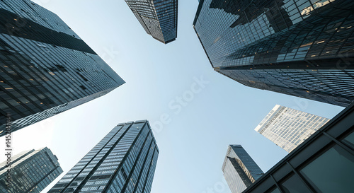 Obraz na płótnie Skyscrapers Reaching Skyward Amidst Clear Blue Sky from Below View w salonie