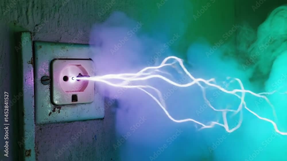 Close-up faulty electrical outlet, futuristic HUD Display interface. sparking glowing orange light, HUD displays digital alerts warnings, system. Smoke rise, Sparks digital data points flying outlet