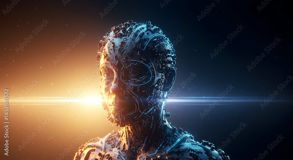 Futuristic Robot With Metallic Features in Dramatic Lighting