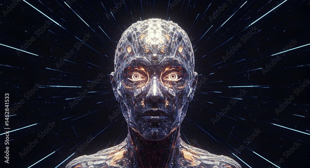 Futuristic Cybernetic Human with Glowing Features in Dark Space