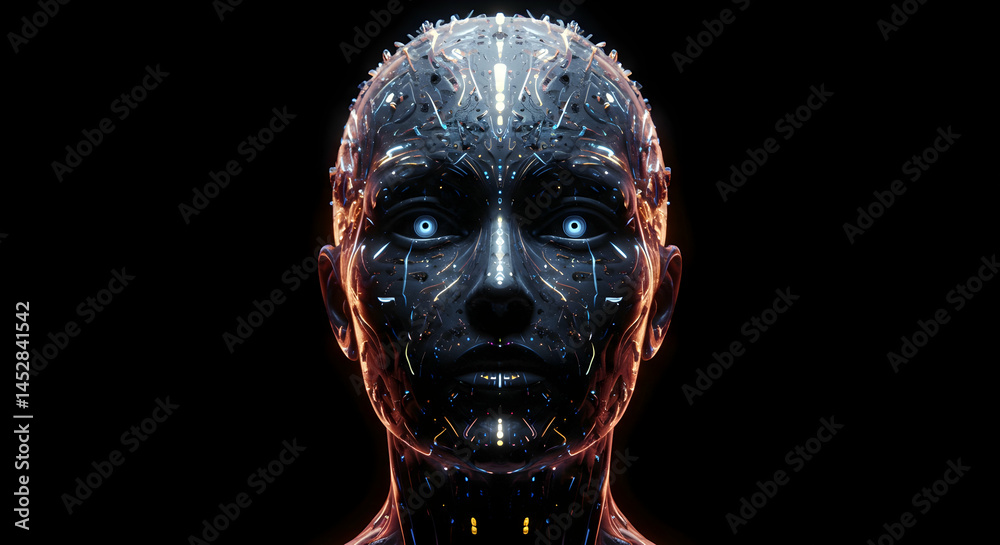 Futuristic Android Face with Advanced Technology and Neon Lights